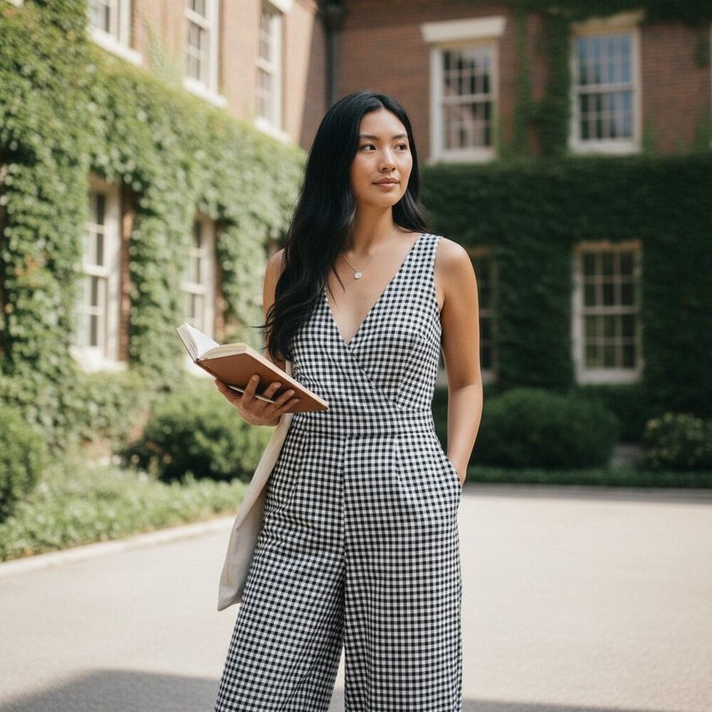 Banana Republic Jumpsuit Gingham Summer Wide Leg Sz L Tall Black White Self Tie
